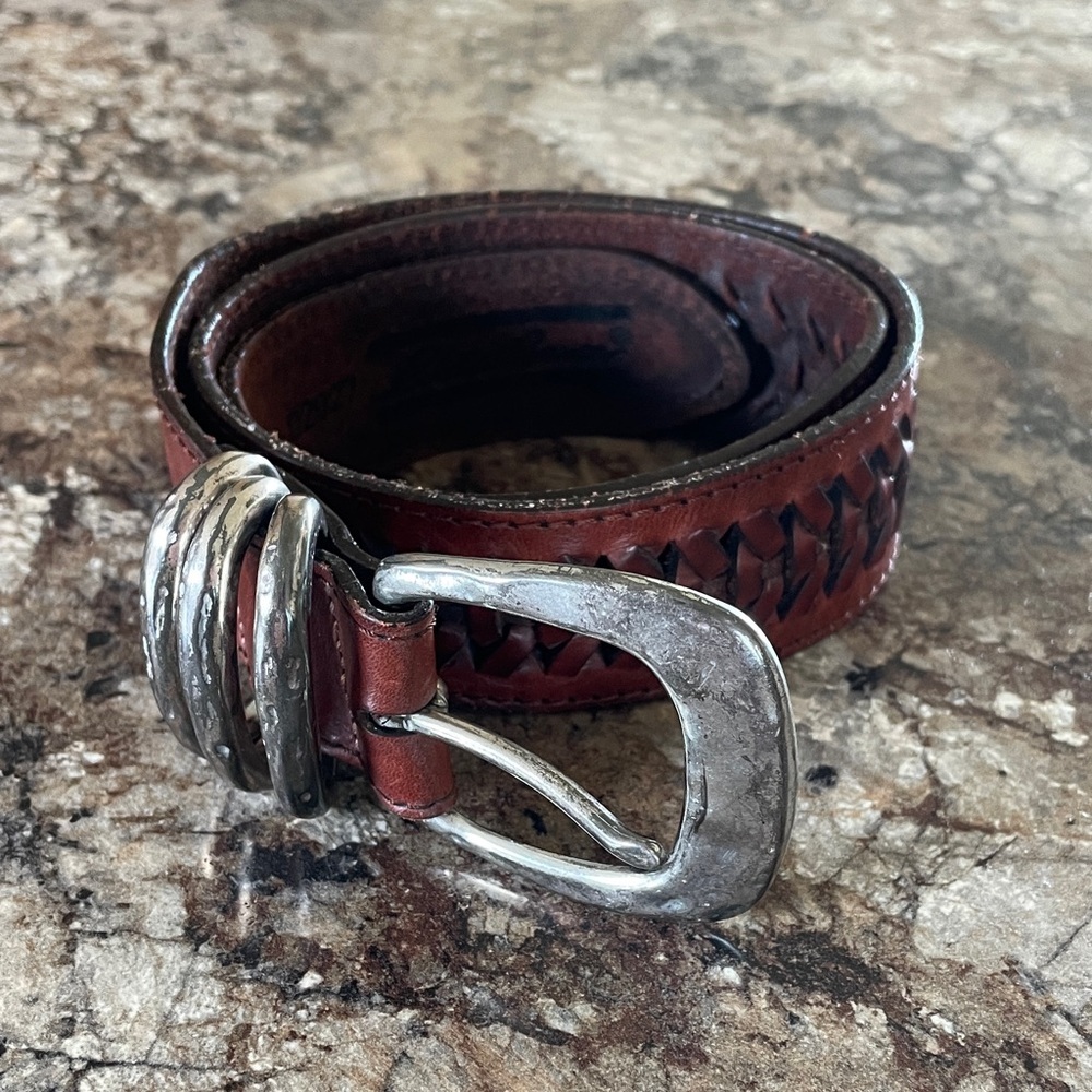 Eddie Bauer Woven Boho Leather Belt M Brown with Silver Buckle Textured Braided